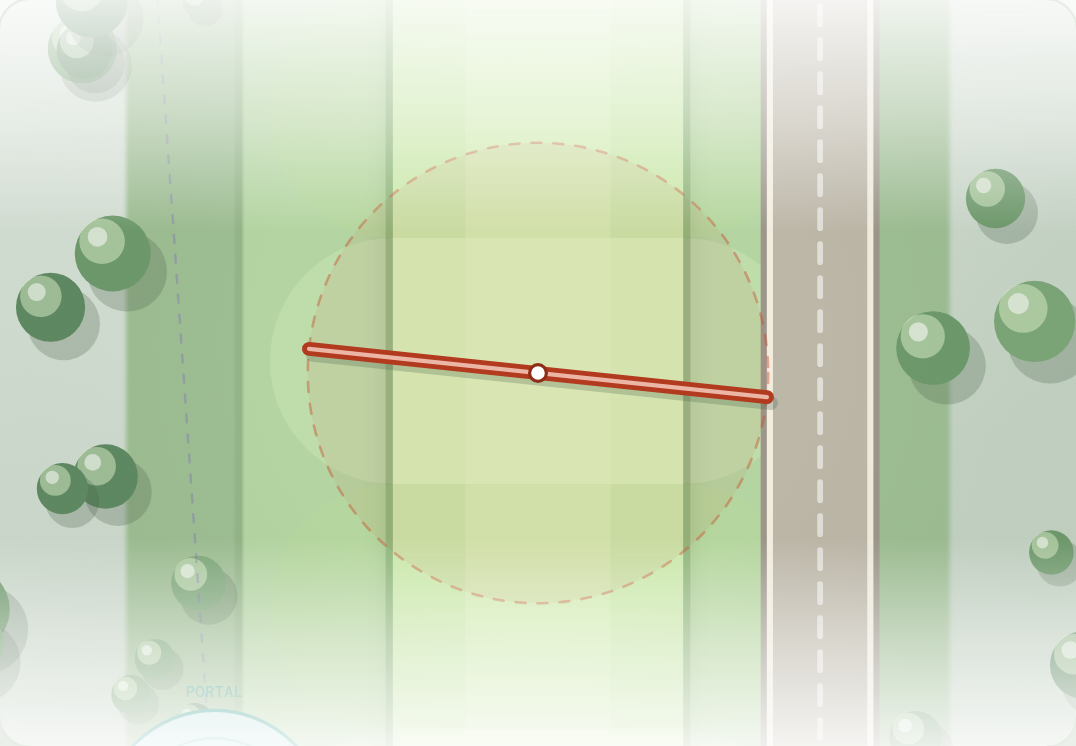 Plan view of a red sweeping arm on a fairway, flinging a ball away along its arc.