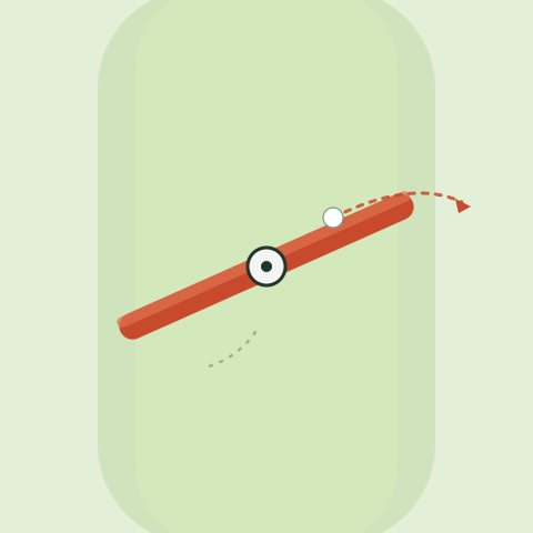 Plan view of a red sweeping arm on a fairway, flinging a ball away along its arc.
