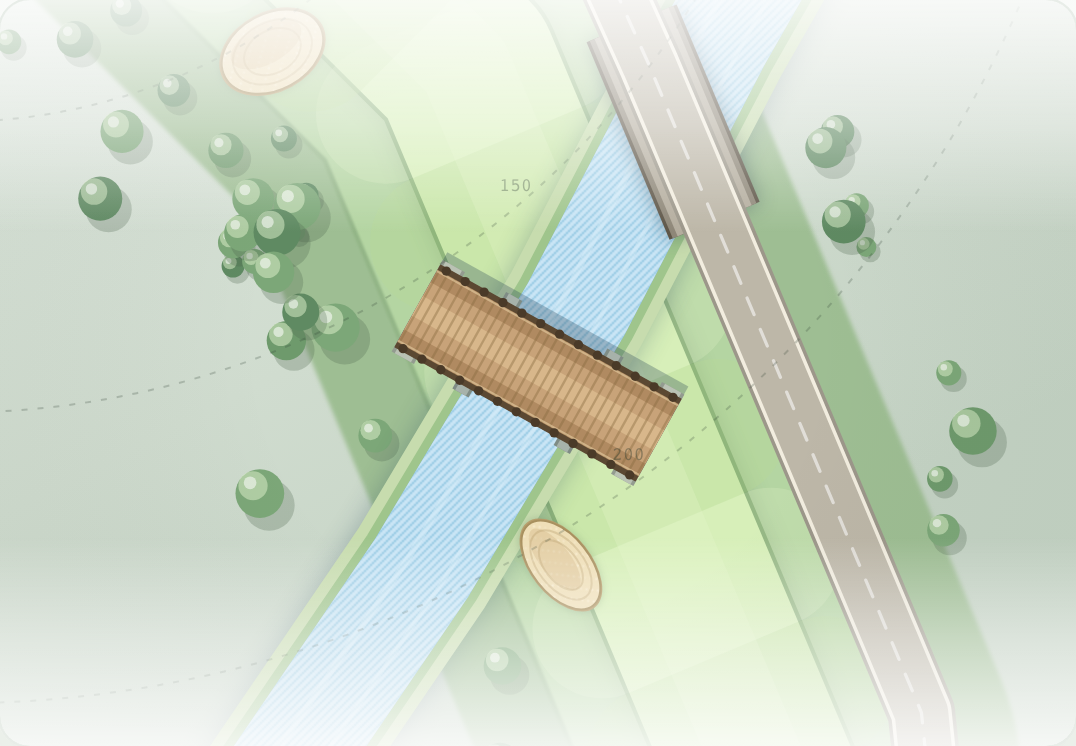 Plan view of a river cutting diagonally across a fairway, with a timber bridge across the middle and a cart path crossing on a deck.
