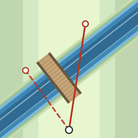 Plan view of a river cutting diagonally across a fairway, a timber bridge across it, and a short carry on one side against a much longer carry on the other.