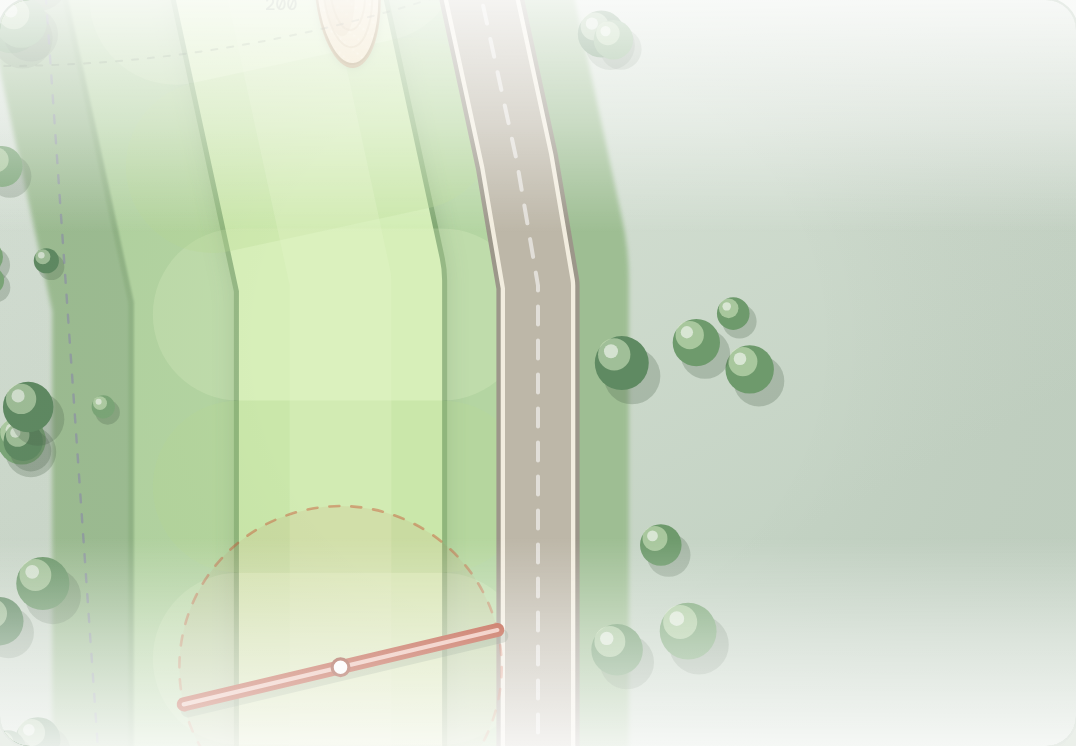 Plan view of a pale cart path running the length of a fairway beside the rough.