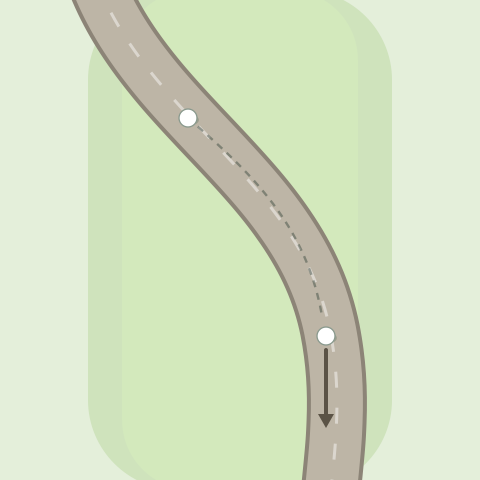 Plan view of a wide cart path curving through a fairway, with a ball running a long way along it.