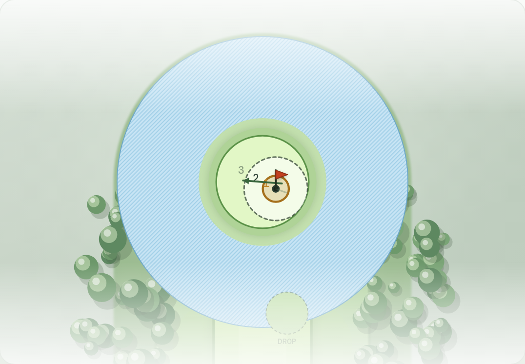 Plan view of a green surrounded by water, with a marked drop zone on the near shore.