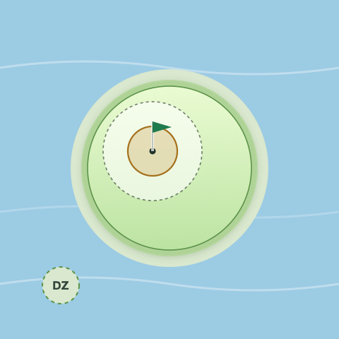 Plan view of a green surrounded by water, with a marked drop zone on the near shore.