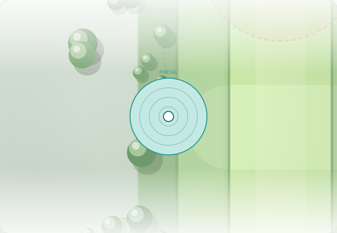 Plan view of a teal portal on a small satellite green, linked to a purple exit portal beside the main green.